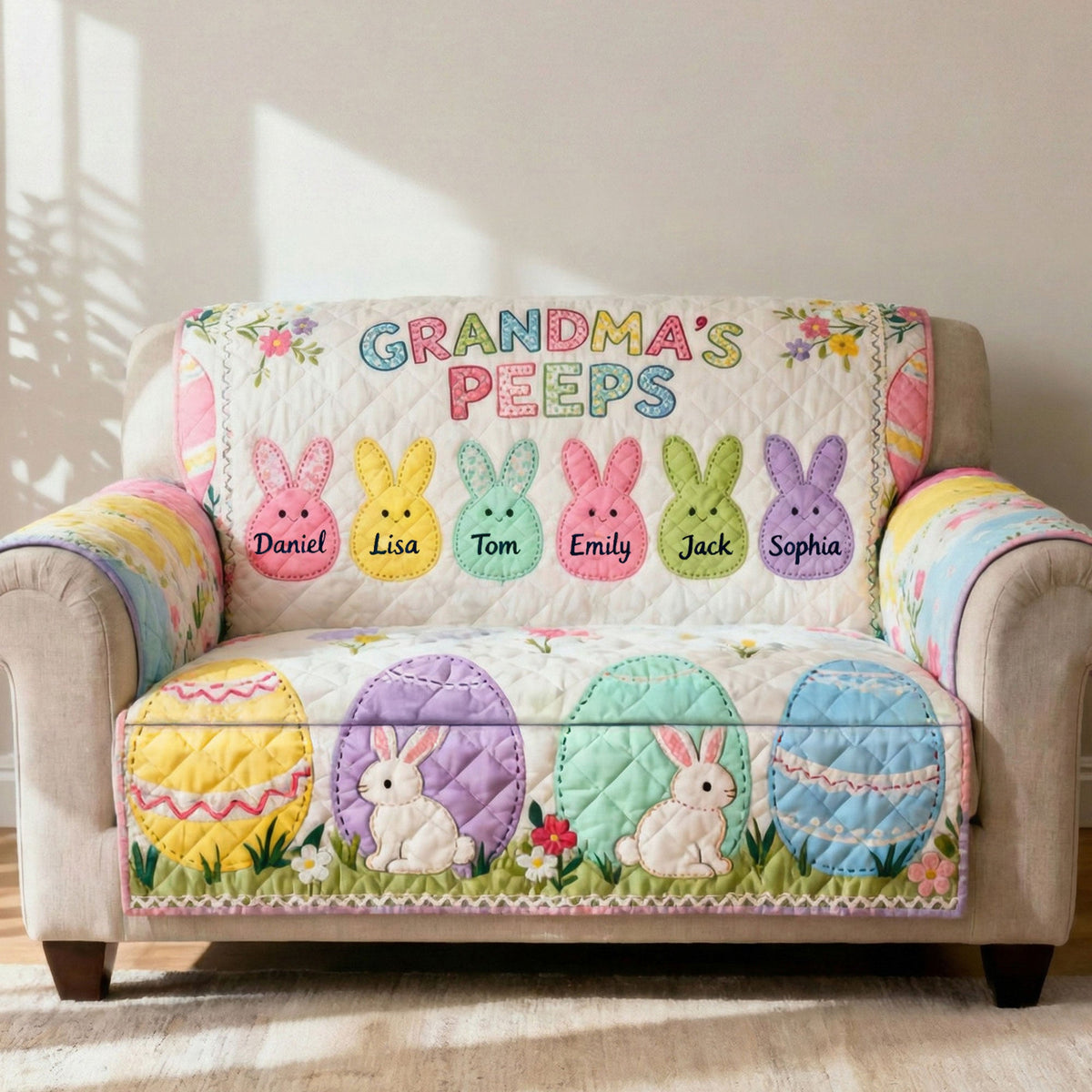 Grandma's Bunny Quilted Sofa Cover - Personalized Gifts For Grandma