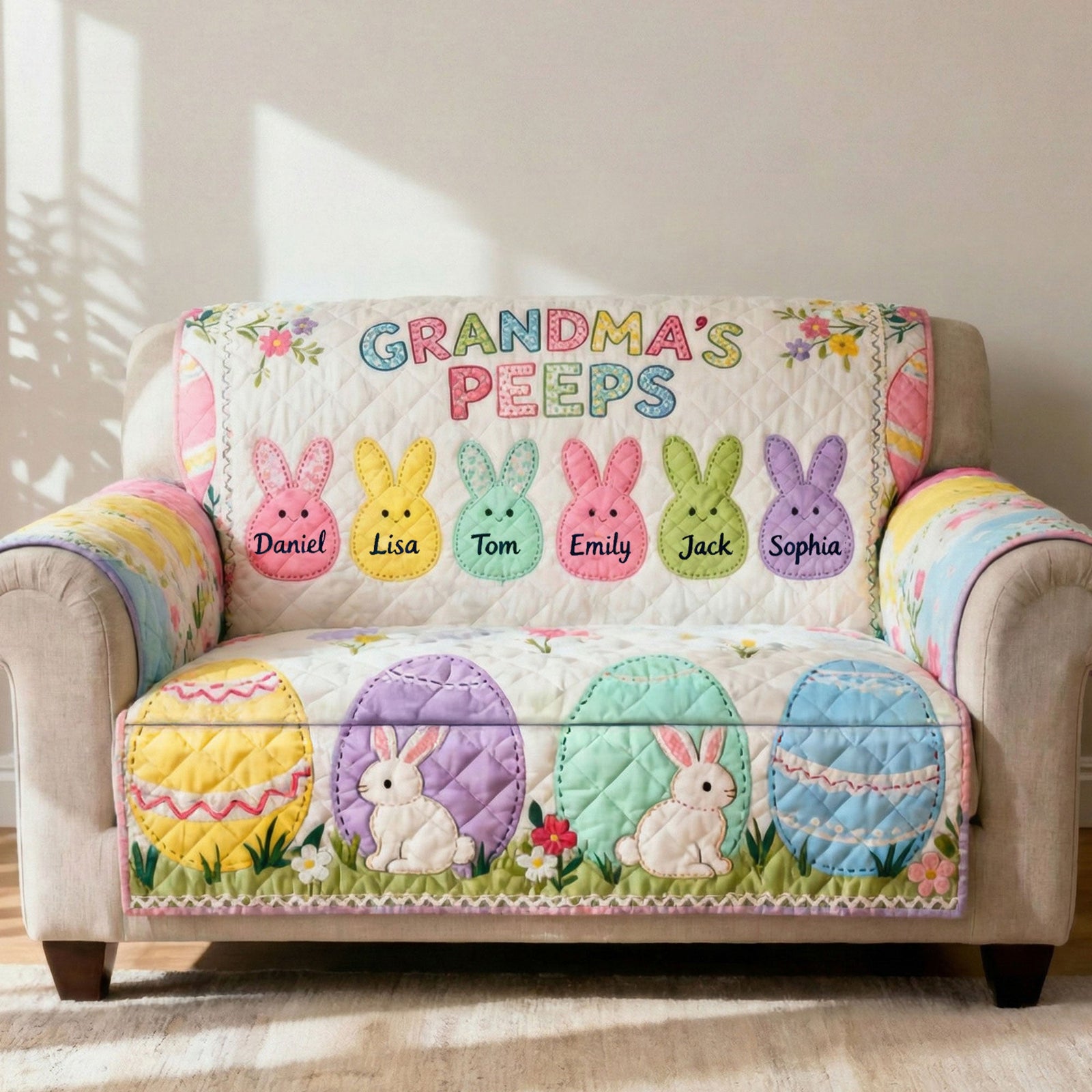 Grandma's Bunny Quilted Sofa Cover - Personalized Gifts For Grandma