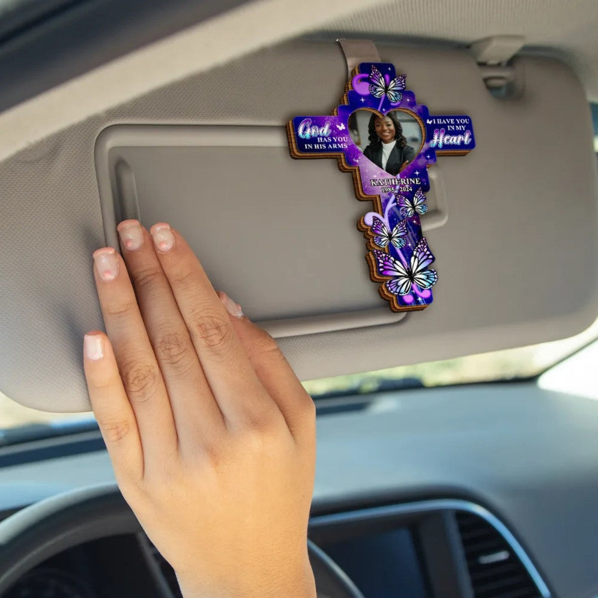 God Has You In His Arms Personalized Memorial Car Visor Clip