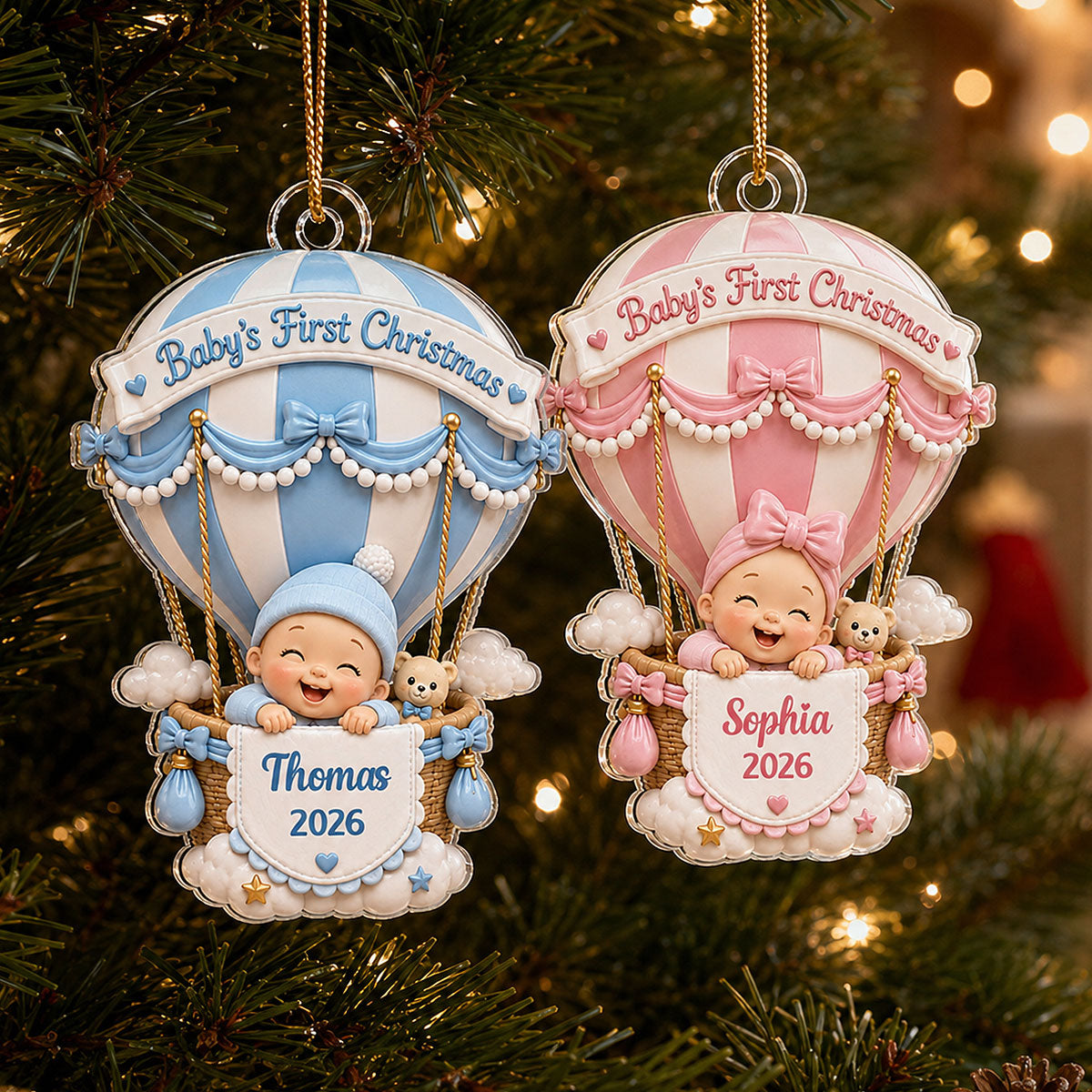Baby On Hot Air Balloon - Baby First Christmas Personalized Acrylic Ornament