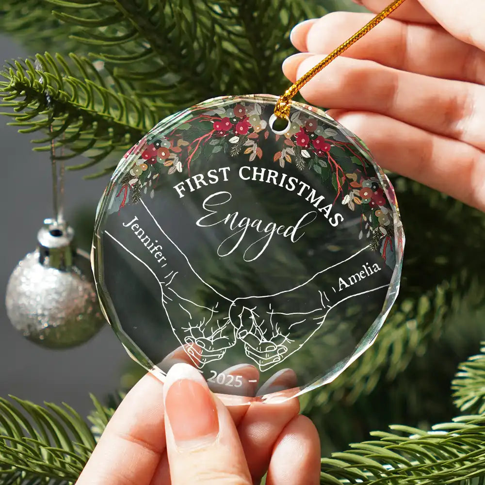 Holding Hands First Christmas Couple - Personalized Circle & Heart Glass Ornament