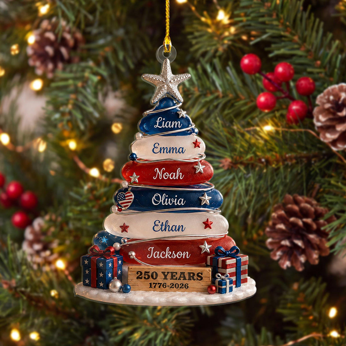 Blue, White & Red Stone Christmas Tree Ornament - Family Personalized Gift For USA 250th Anniversary