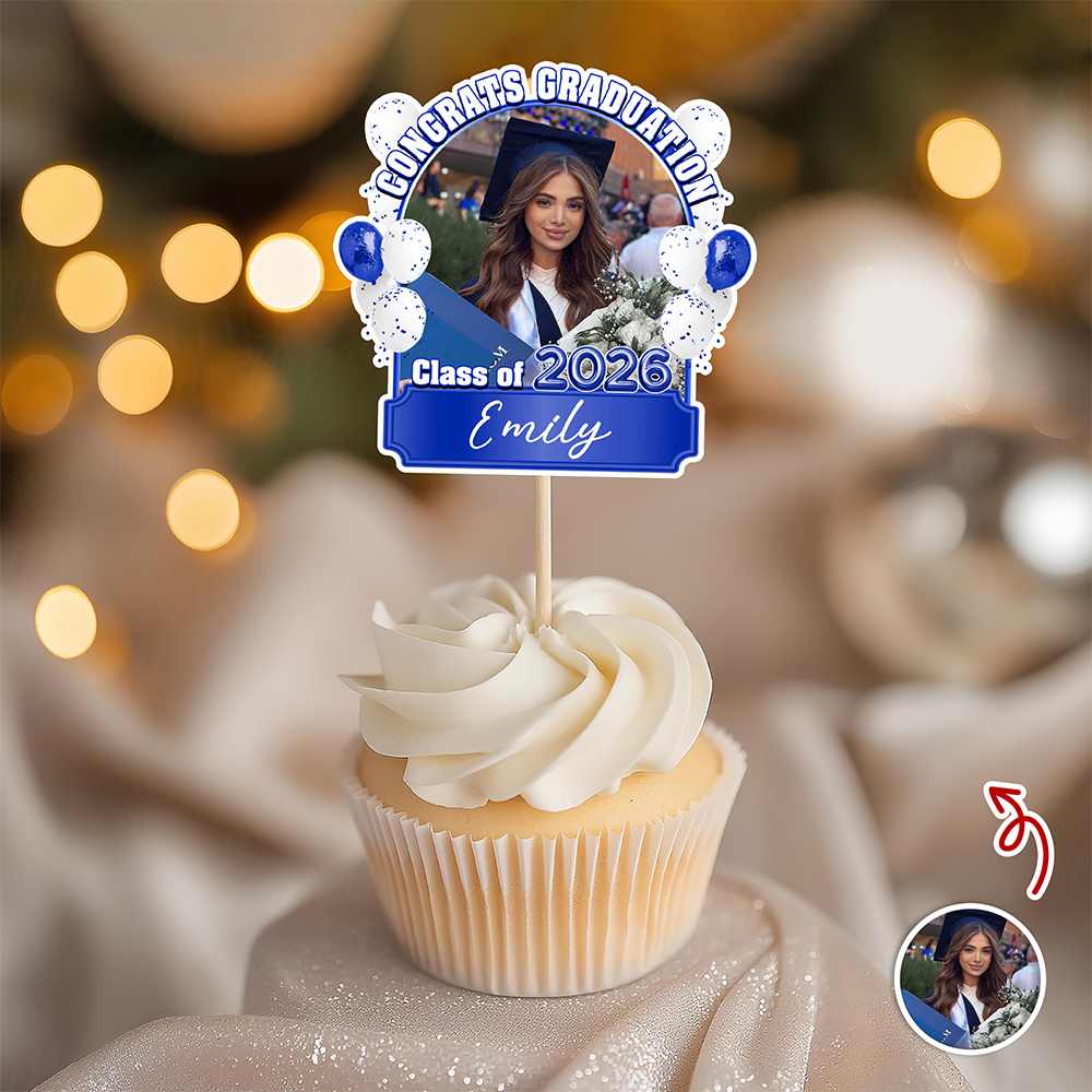 Congrats Graduation Class of 2026 Balloons Custom Photo Cupcake Topper