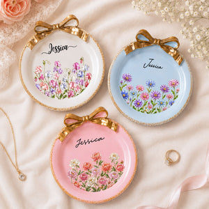 Birth Flower Bow Jewelry Dish Personalized Ceramic Dish