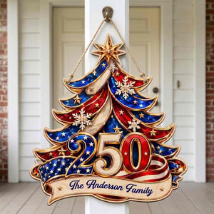 America 250th Anniversary Christmas Tree Wood Sign - Personalized Gifts for Patriotic Family