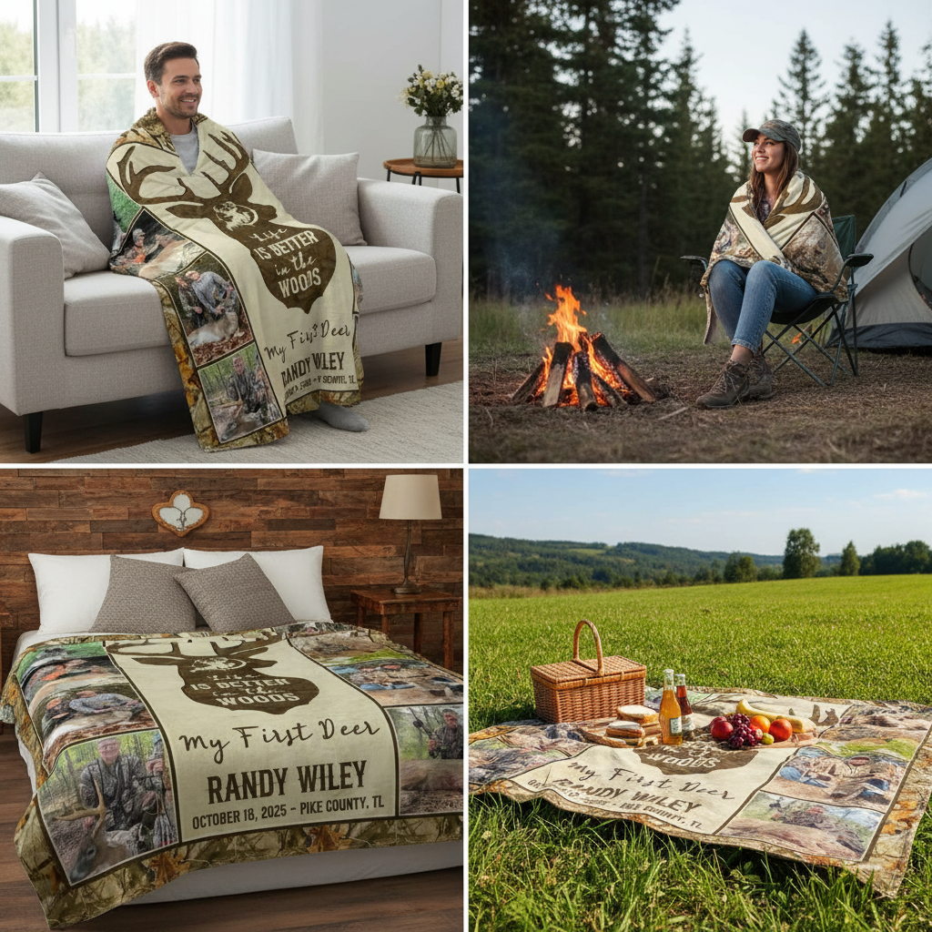 Hunting Deer Photo Collage Blanket, First Deer Gift, Hunting Blanket Gifts For Dad, Anniversary Gifts For Him