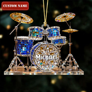 Drum Set Custom Name Stained Glass Effect Acrylic Christmas Ornament, Presents For Drummers