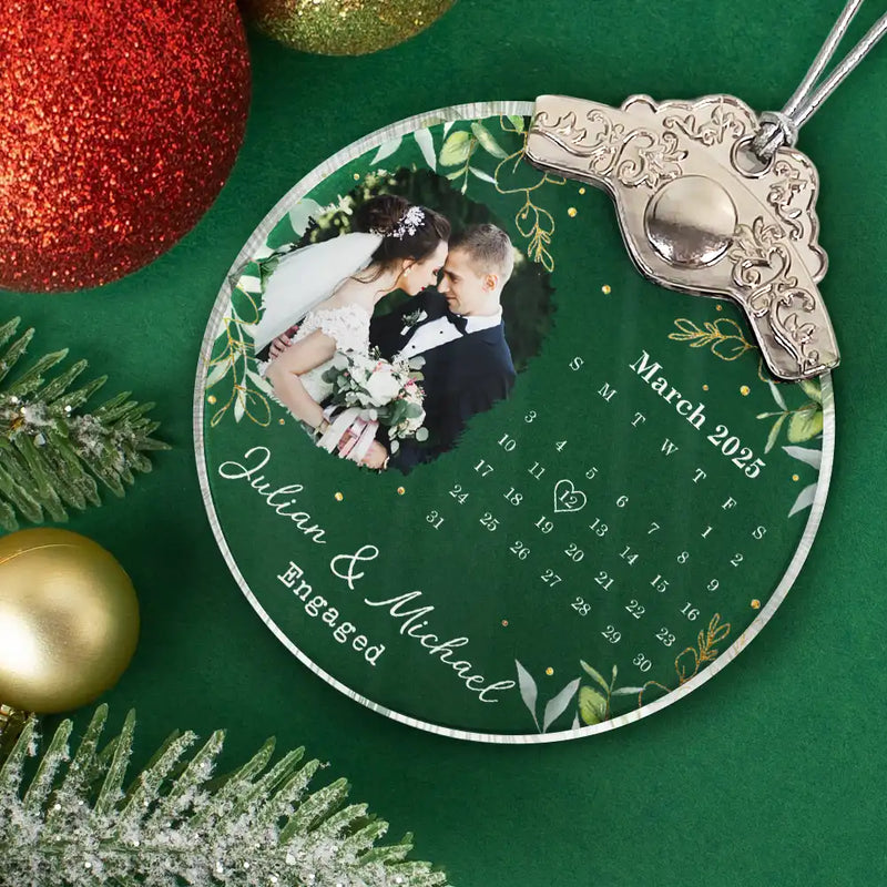 Custom Photo Calendar Married Engaged Wedding Gift - Personalized Glass Ornament With Silver Cap