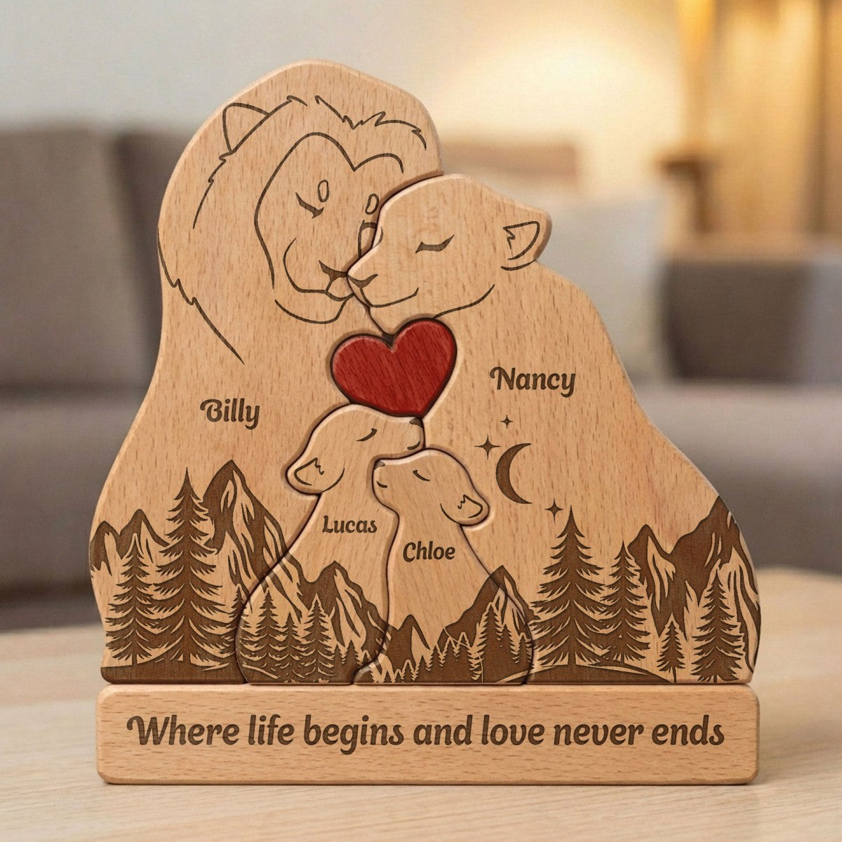 Where Life Begins And Love Never Ends - Personalized Wooden Lion Family Puzzle