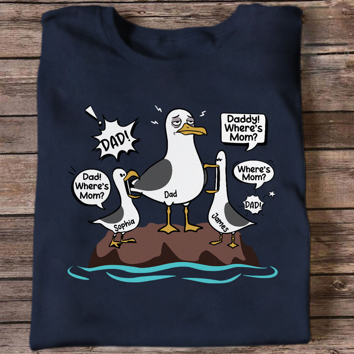 Funny Tired Seagull & Kids Custom Name - Personalized Shirt