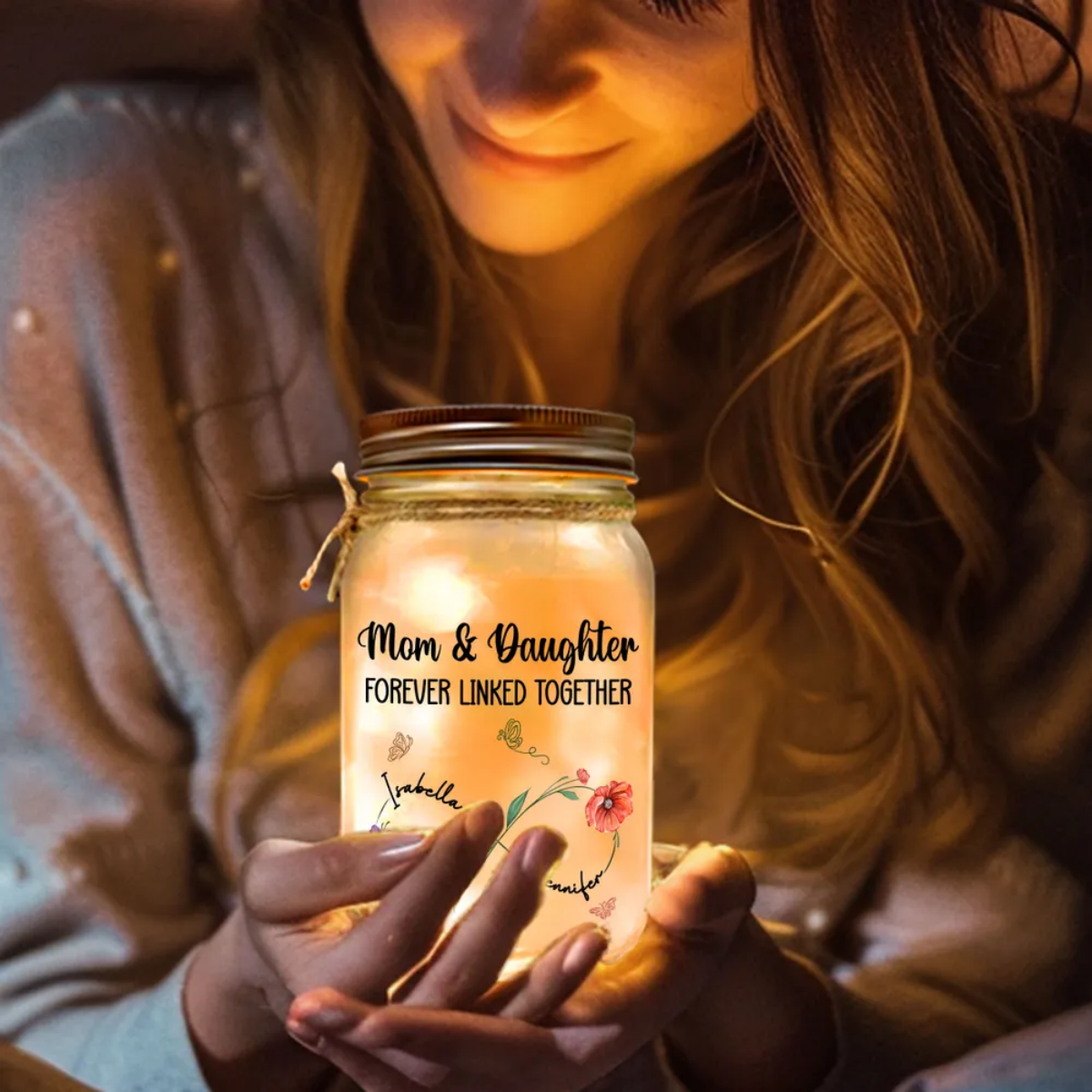 Mom And Daughter Forever Linked Together - Personalized Custom Mason Jar Light