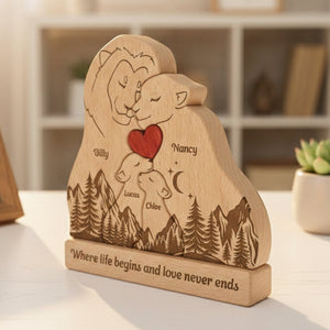 Where Life Begins And Love Never Ends - Personalized Wooden Lion Family Puzzle
