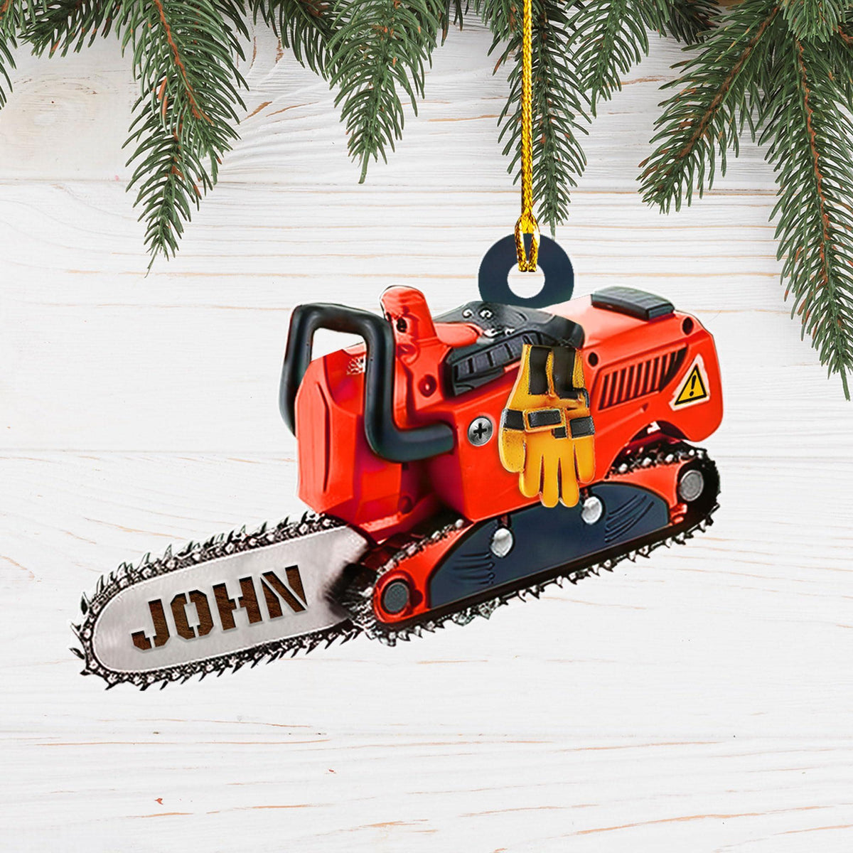 Personalized Arborist Ornament: Chainsaw & Pine Tree, Acrylic Xmas Decoration