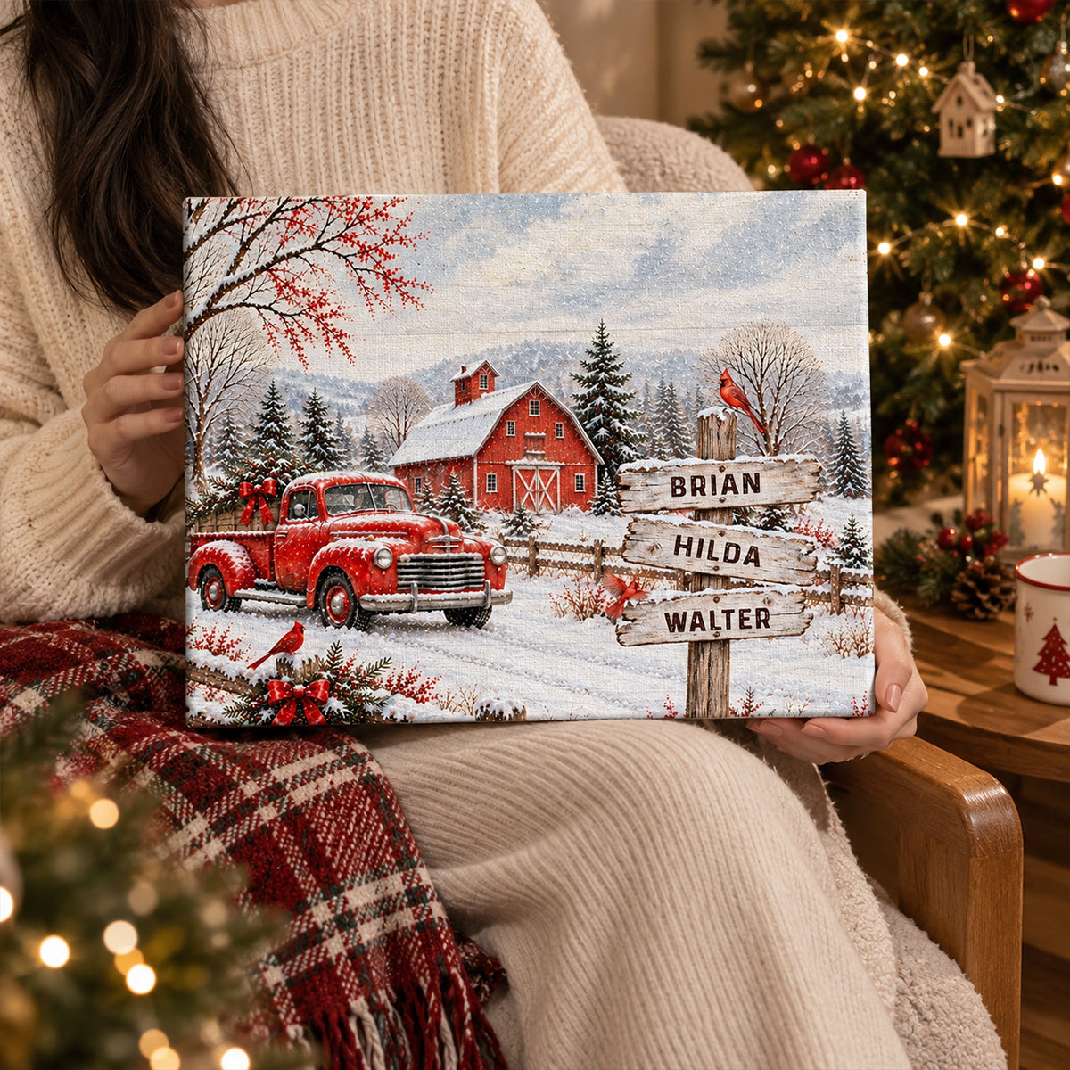 Personalized Vintage Red Truck Family Names Canvas Poster, Custom Winter Barn Snow Scene Wall Art