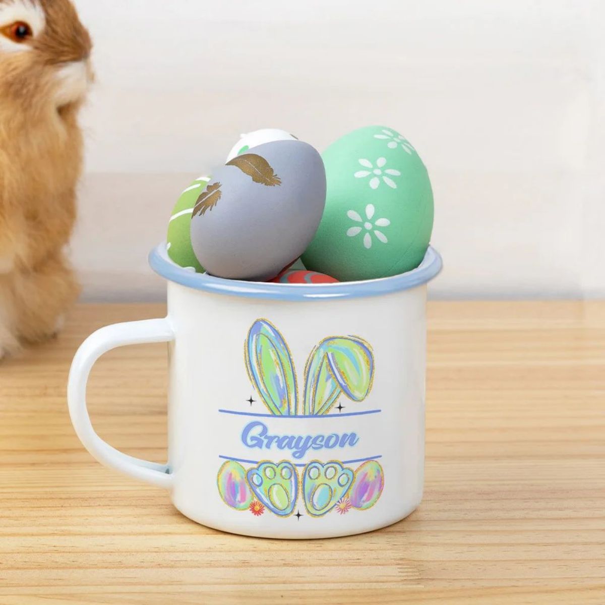Personalized Watercolor Faux Glitter Bunny Design 12oz Enamel Mug