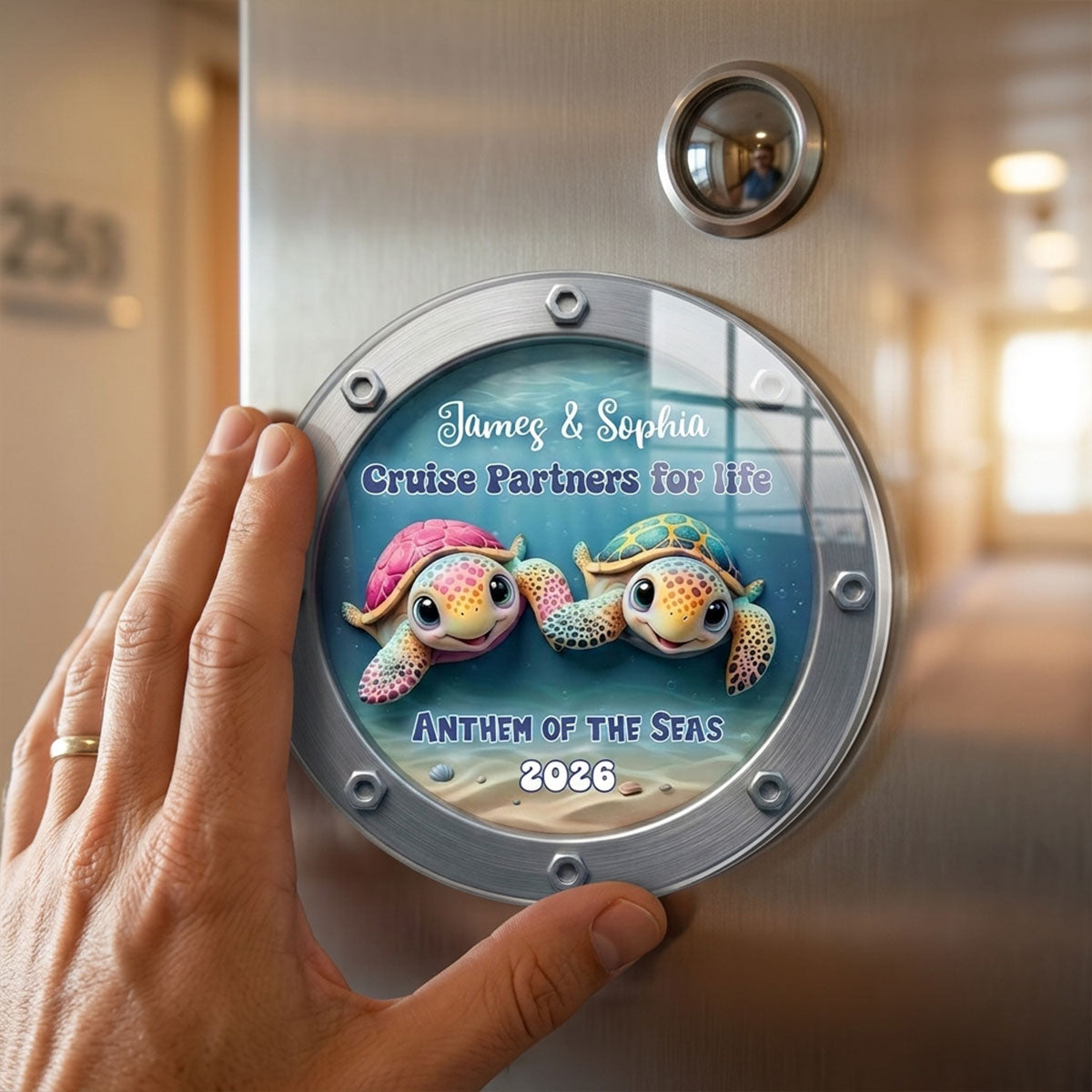 Happy Sailing Turtle Couple Personalized Cruise Ship Door Magnet