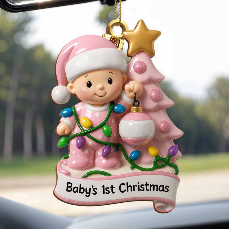 Baby's 1st Christmas With Festive Tree And Lights, Personalized Wood Ornament