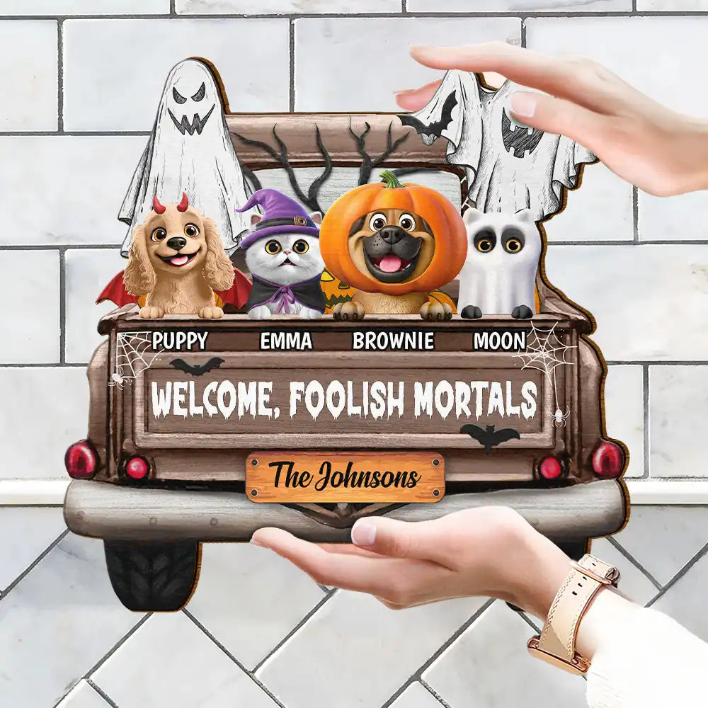 Welcome Foolish Mortals - Personalized Custom Haunted Mansion Shaped Wood Sign