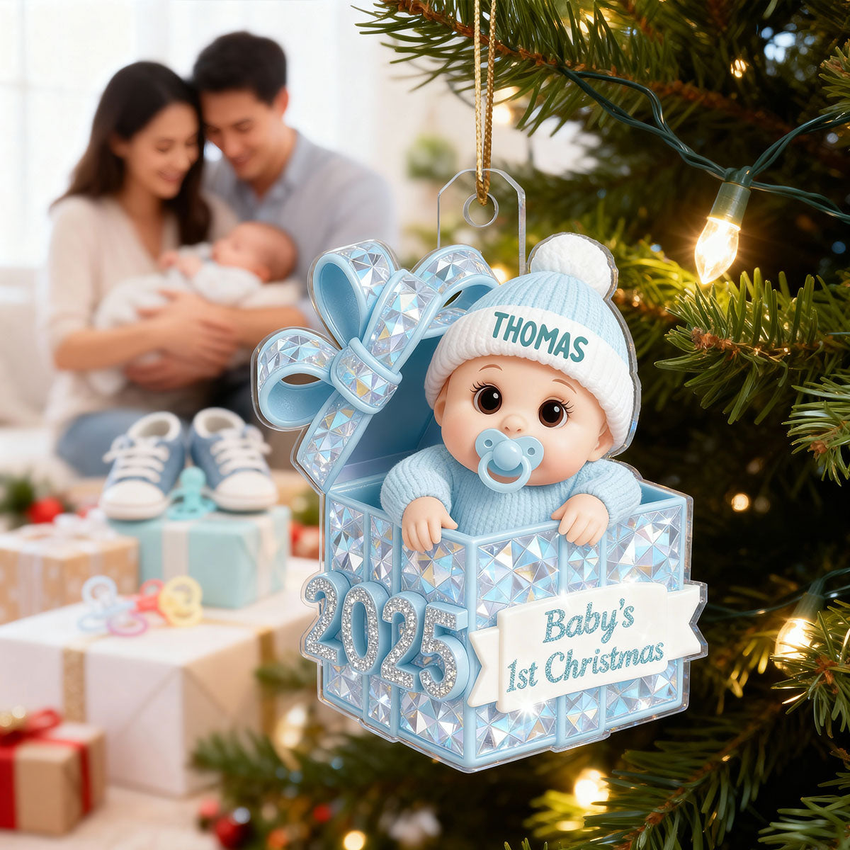 Baby In The Box - Pastel Color Baby's First Christmas - Personalized Acrylic Ornament