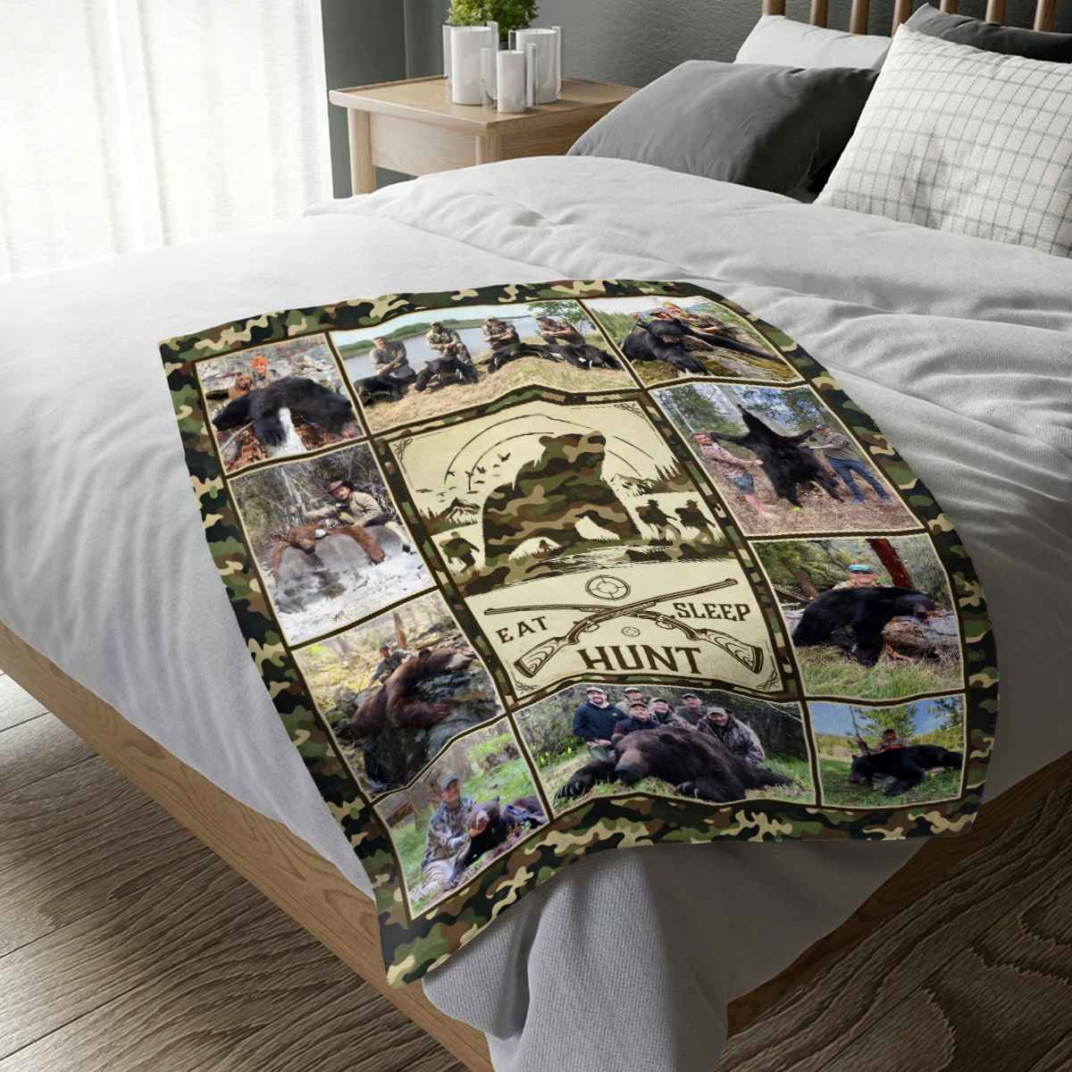 Bear Hunting Blanket For Dad, Customizable Bear Photo Collage Blanket, Hunting Gift for Husband, Hunter Gift for Boy