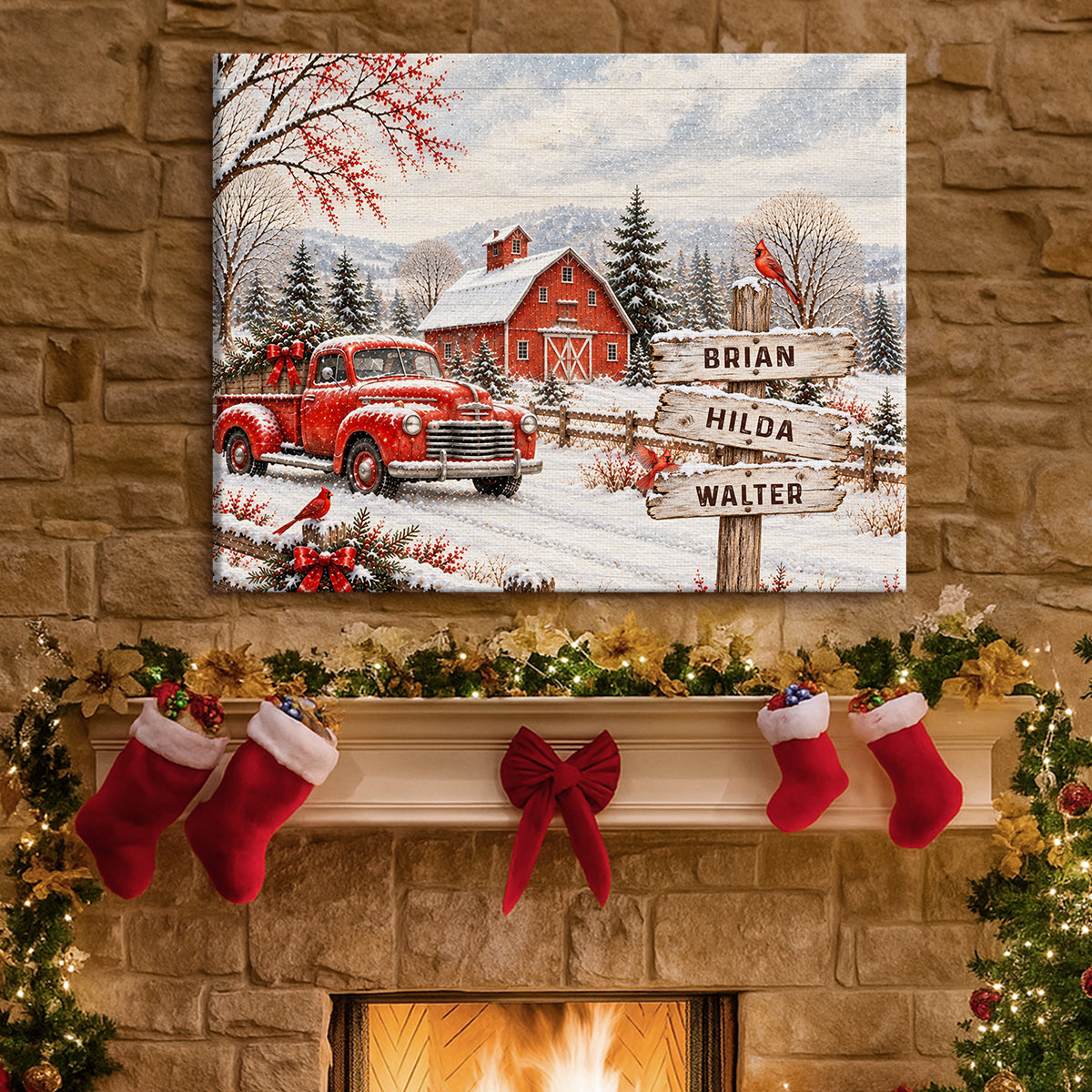 Personalized Vintage Red Truck Family Names Canvas Poster, Custom Winter Barn Snow Scene Wall Art