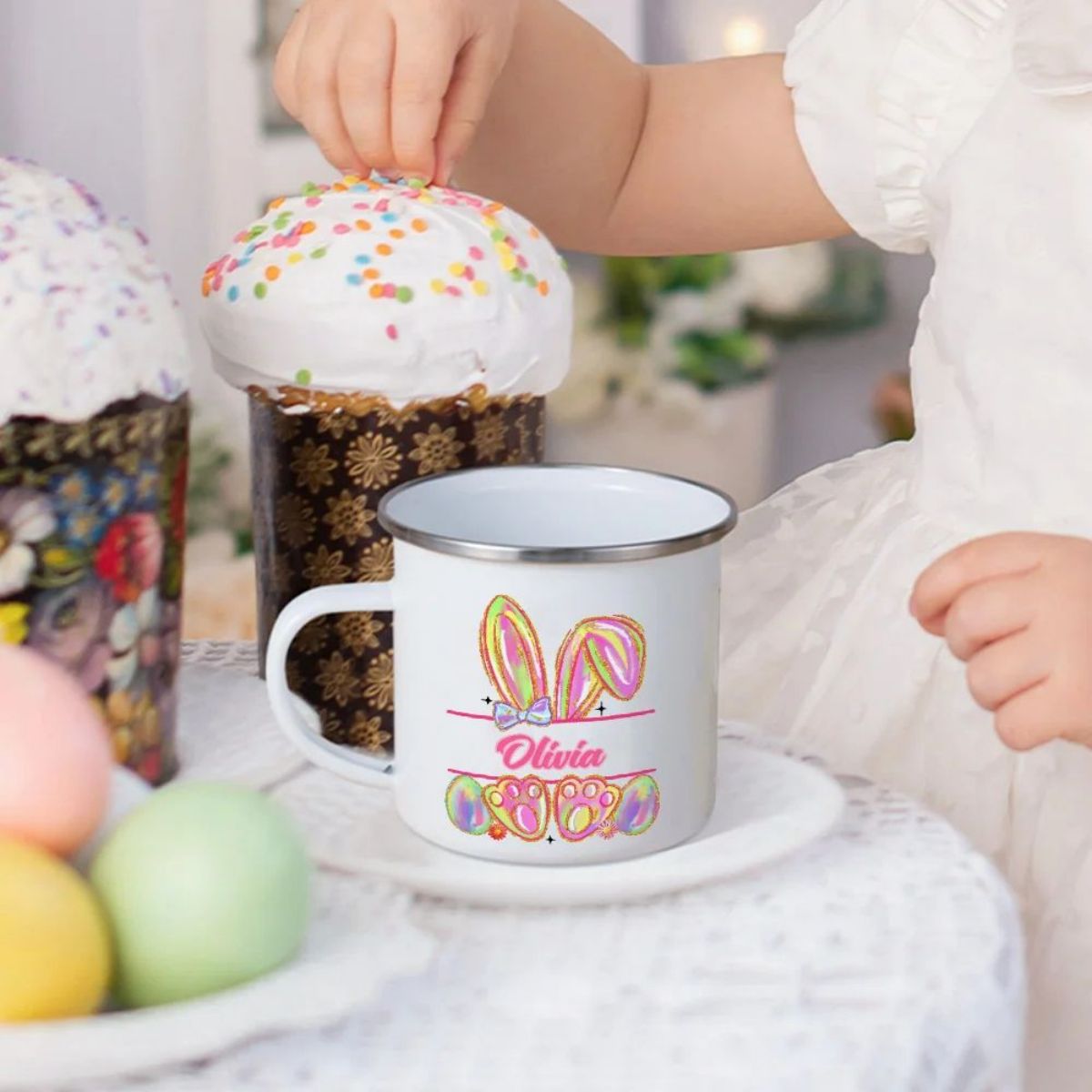Personalized Watercolor Faux Glitter Bunny Design 12oz Enamel Mug