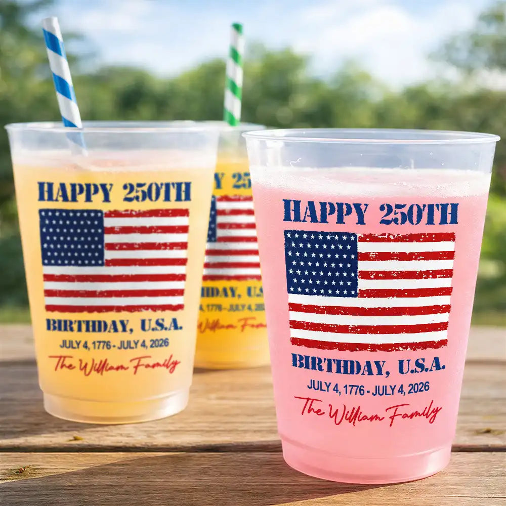 Custom Photo & Family Name Happy 250th Birthday USA - Personalized Frosted Cups