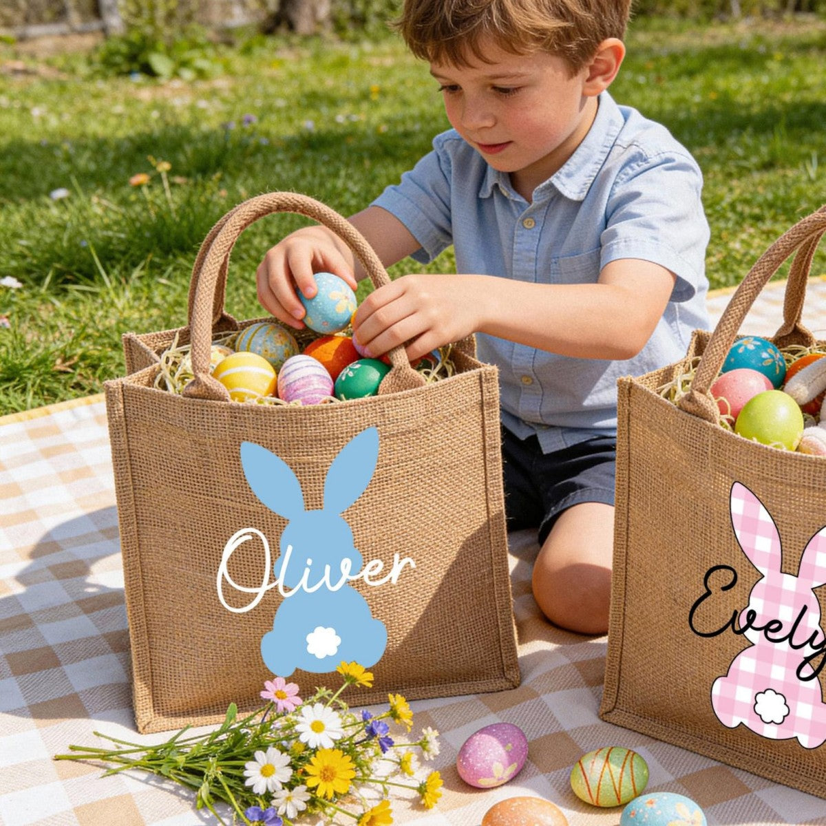 Custom Name Bunny Bag - Personalized Easter Jute Tote Bag, Kids Egg Hunt Bag
