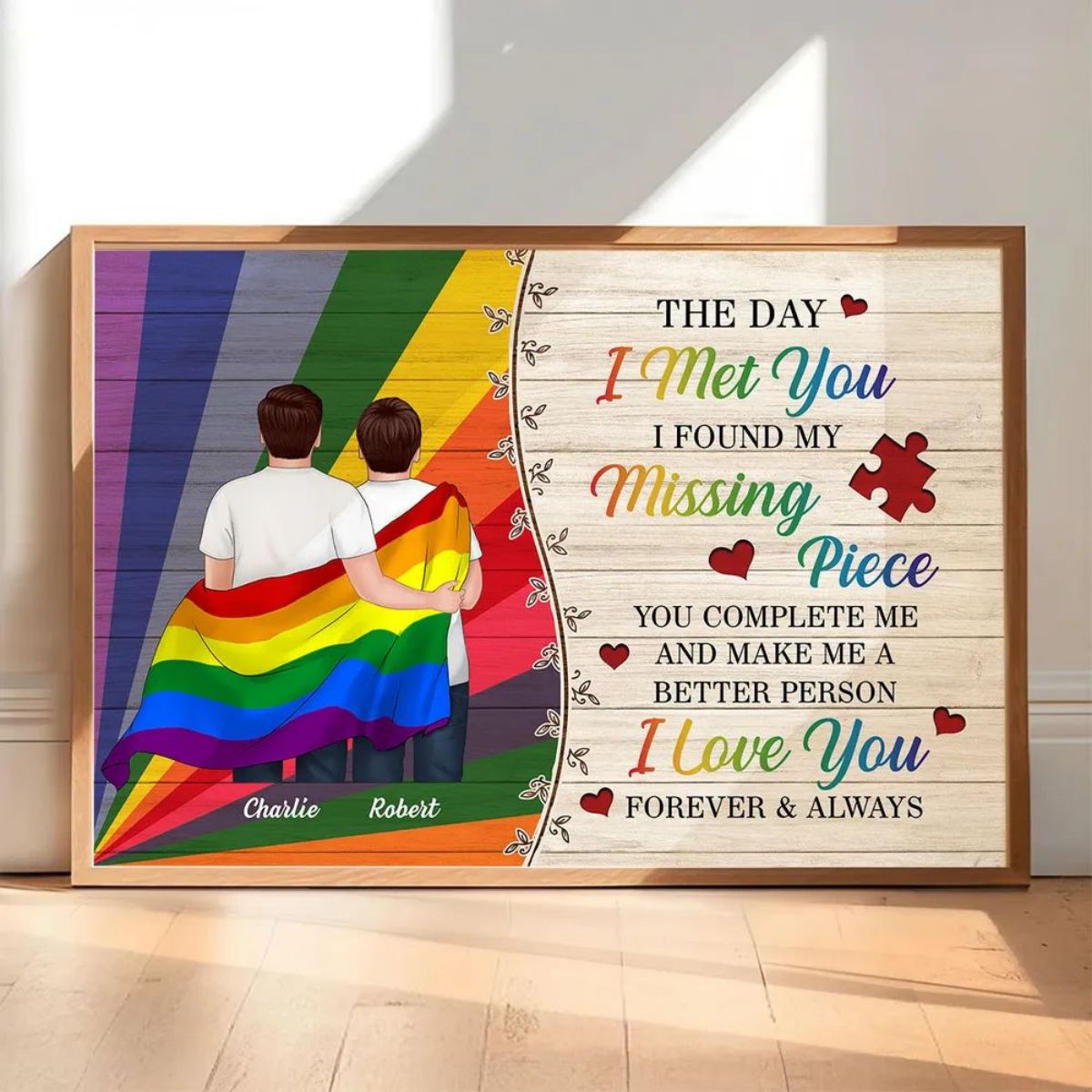 Colorful Wood Pallets The Day I Met You LGBTQ Couple Hugging Flag Personalized Poster, Pride Month Gift