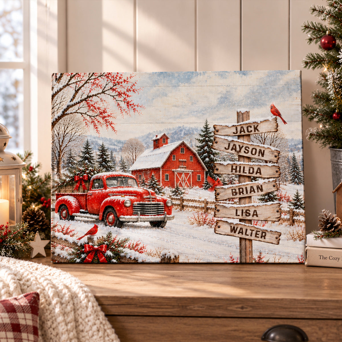 Personalized Vintage Red Truck Family Names Canvas Poster, Custom Winter Barn Snow Scene Wall Art