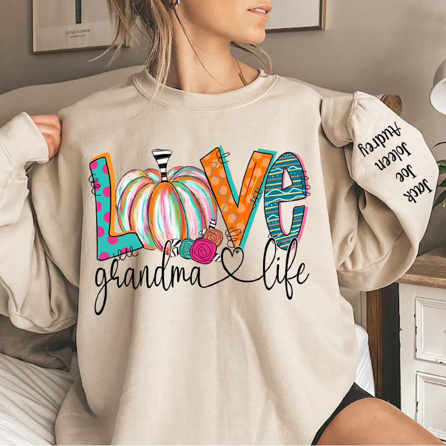 Personalized Love Grandma Life Sweatshirt – Fall Pumpkin Design with Grandkids’ Names on Sleeve