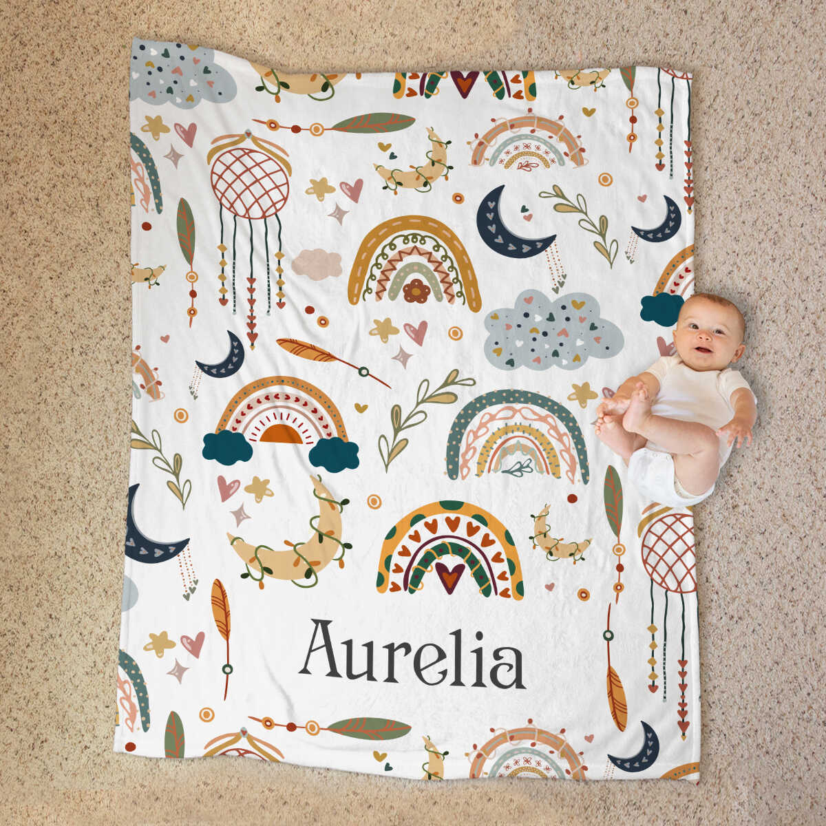 Personalized Toddler Blanket – Custom Name Boho Rainbow Baby Blanket, Unique Baby Shower Gift for Newborn & Kids