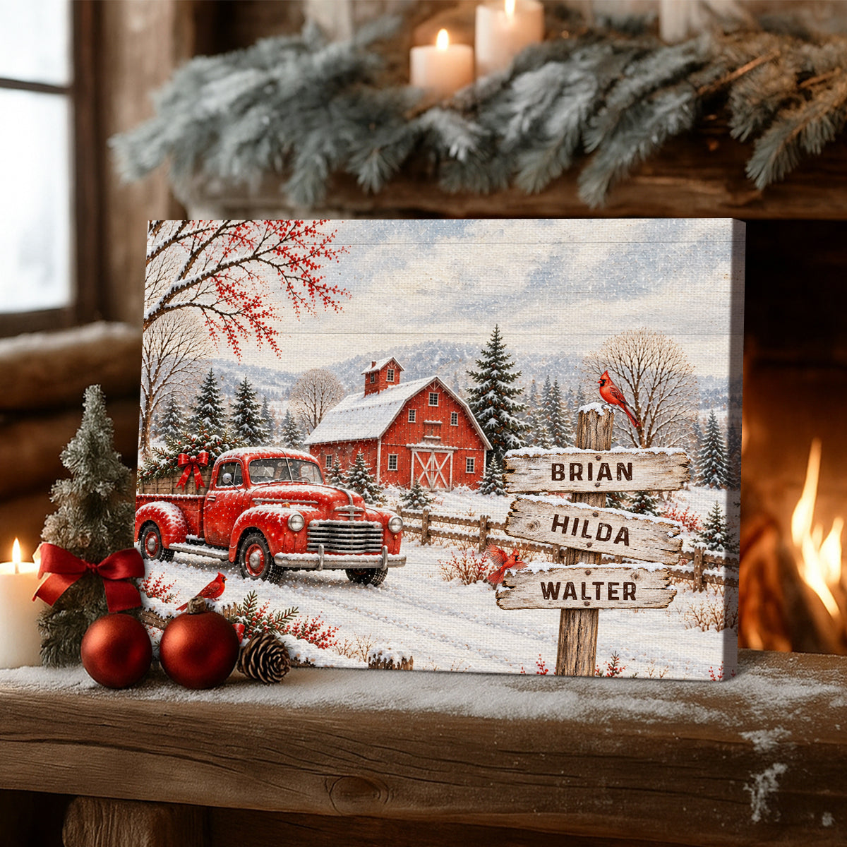 Personalized Vintage Red Truck Family Names Canvas Poster, Custom Winter Barn Snow Scene Wall Art
