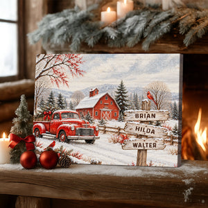 Personalized Vintage Red Truck Family Names Canvas Poster, Custom Winter Barn Snow Scene Wall Art