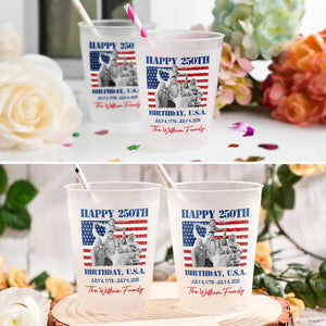 Custom Photo & Family Name Happy 250th Birthday USA - Personalized Frosted Cups