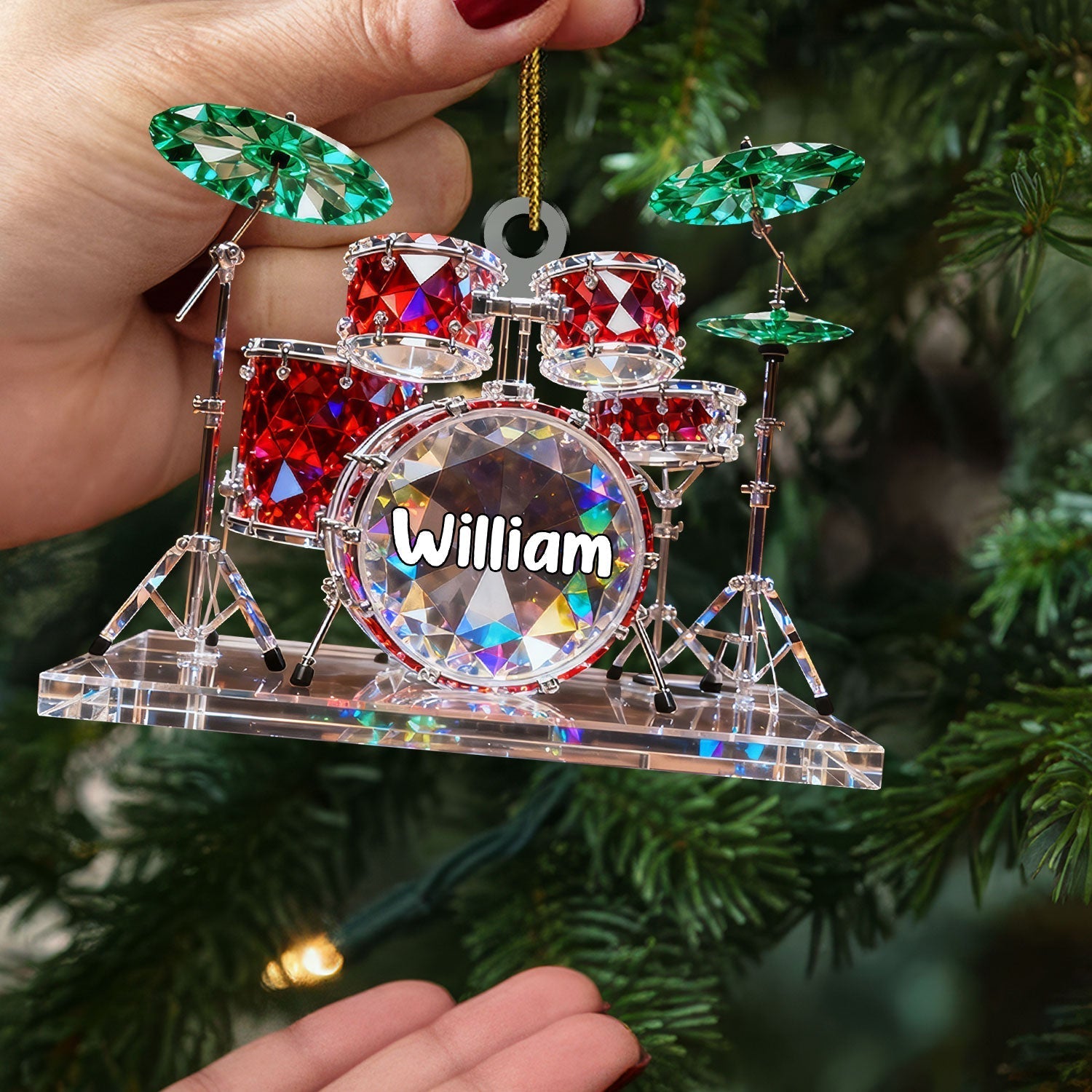 Drum Set Custom Name Stained Glass Effect Acrylic Christmas Ornament, Presents For Drummers