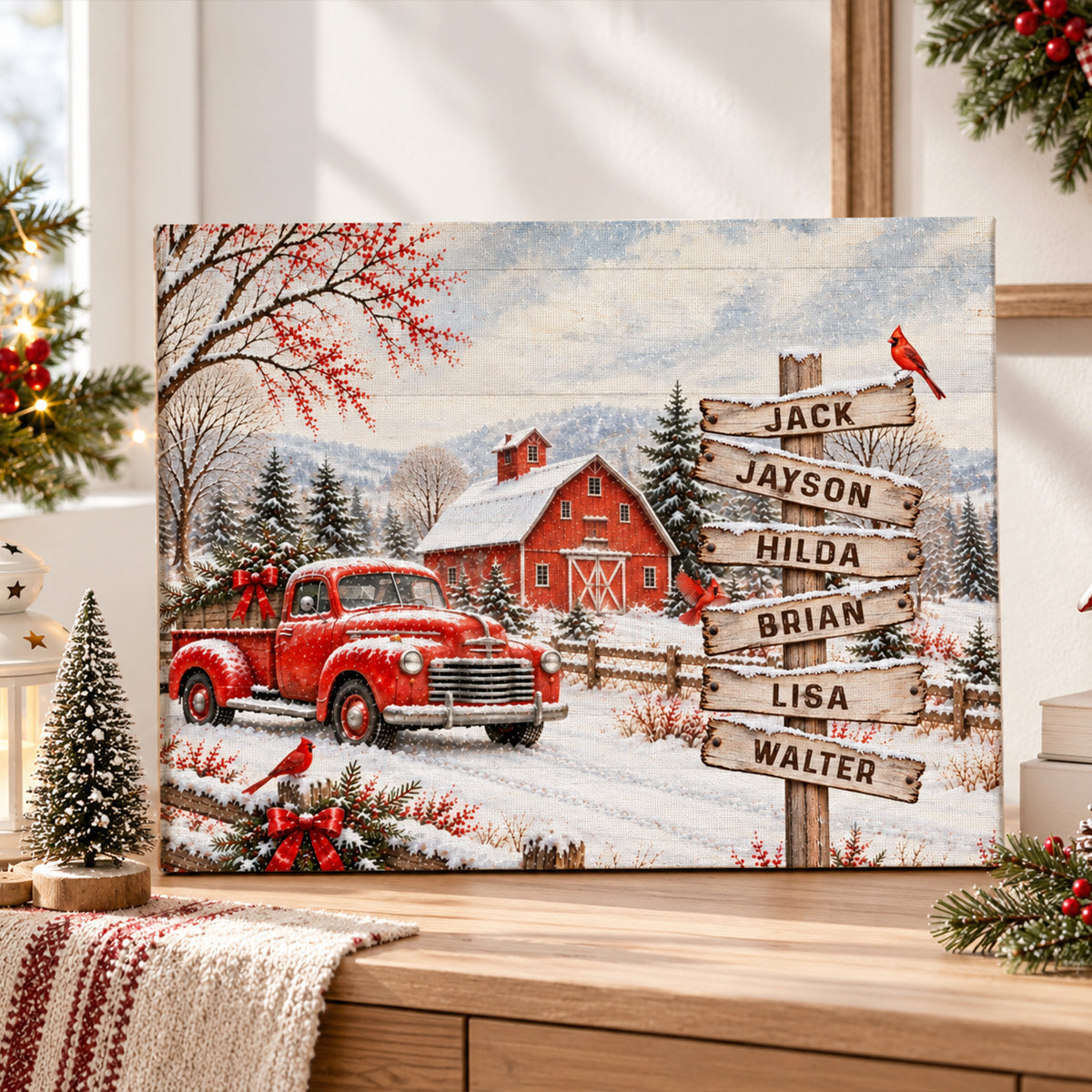 Personalized Vintage Red Truck Family Names Canvas Poster, Custom Winter Barn Snow Scene Wall Art