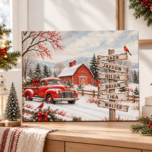 Personalized Vintage Red Truck Family Names Canvas Poster, Custom Winter Barn Snow Scene Wall Art