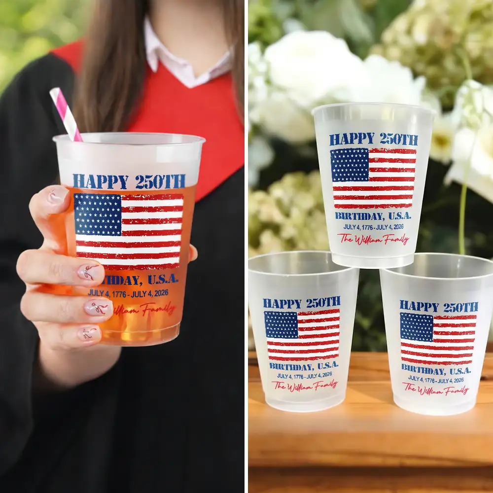 Custom Photo & Family Name Happy 250th Birthday USA - Personalized Frosted Cups