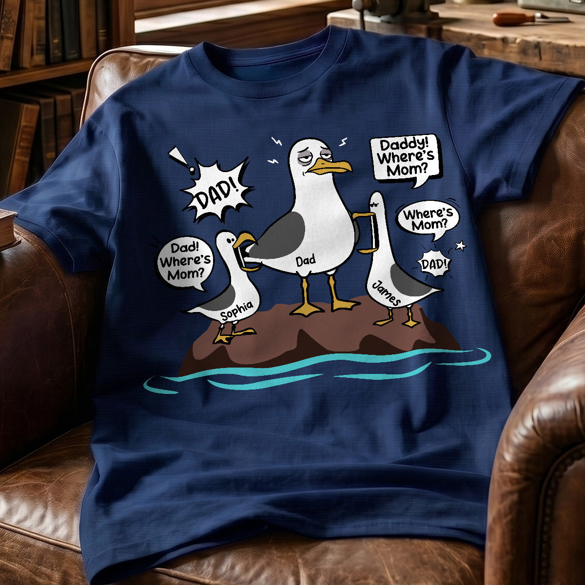 Funny Tired Seagull & Kids Custom Name - Personalized Shirt