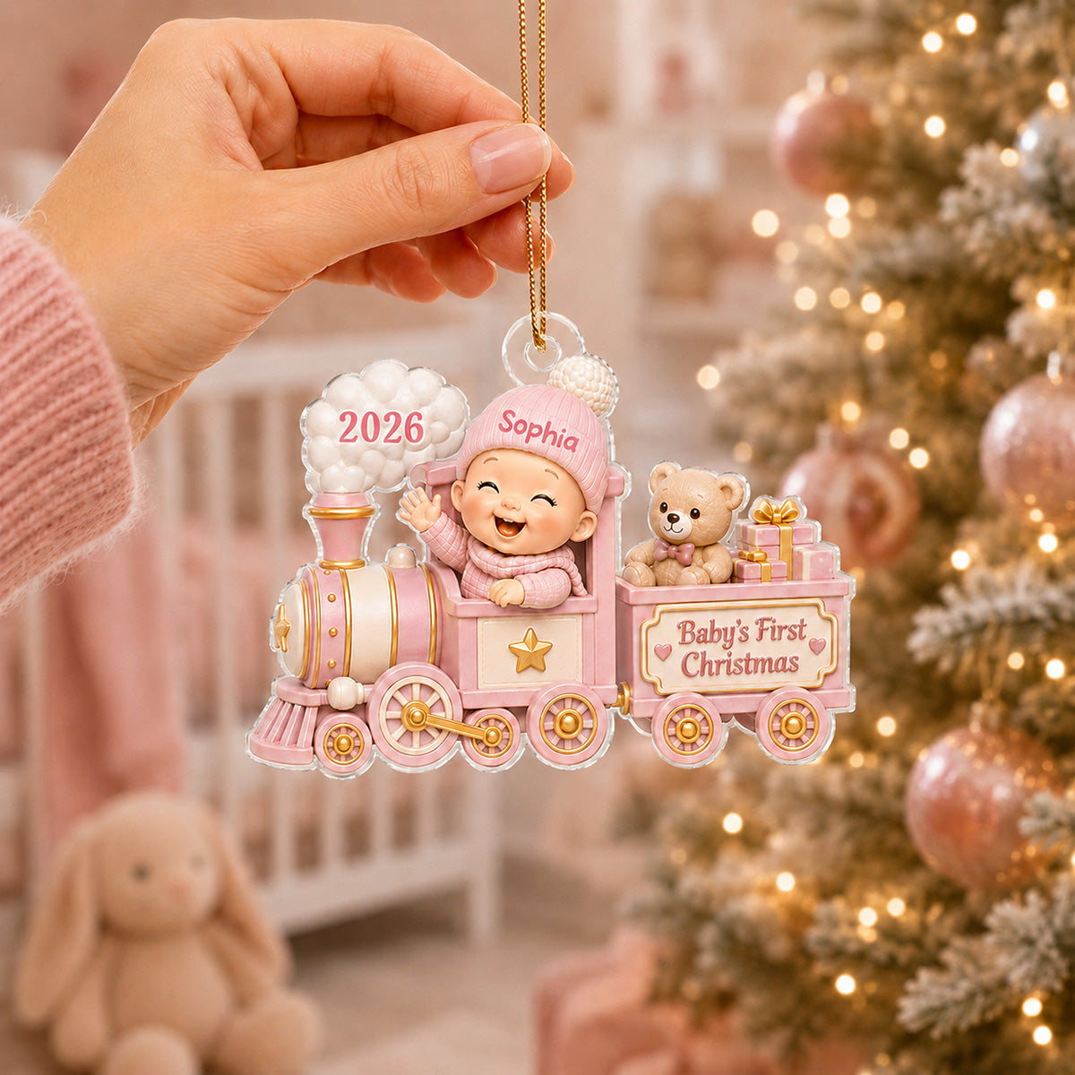 Baby On Toy Train - Baby First Christmas Personalized Acrylic Ornament