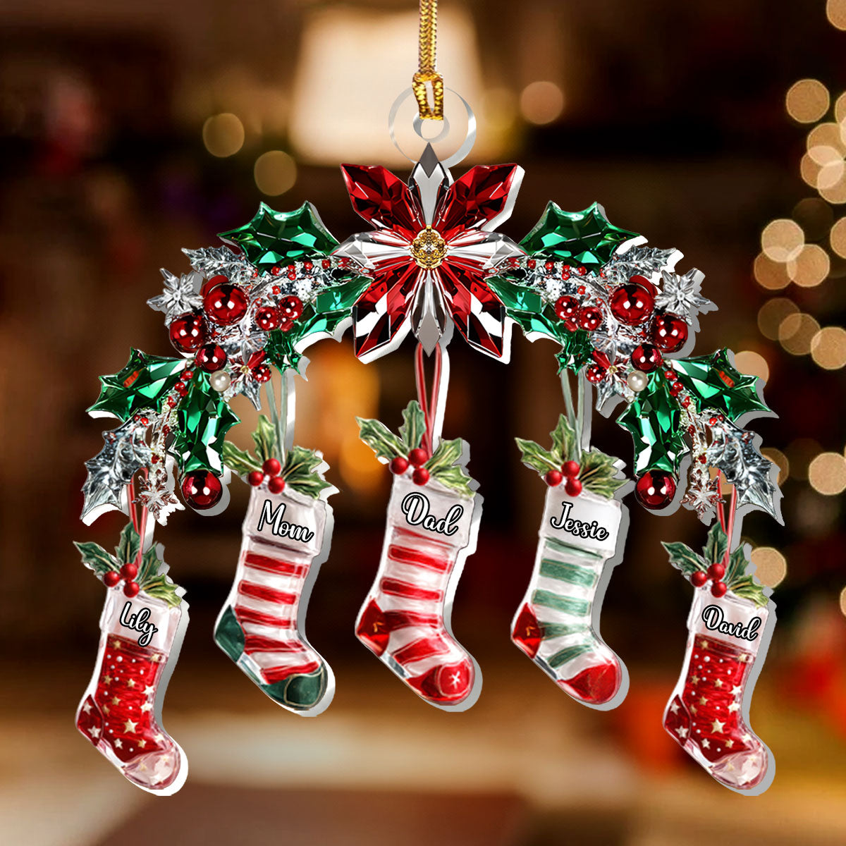 Festive Crystal Stockings Family - Personalized 1-Layer Acrylic Ornament