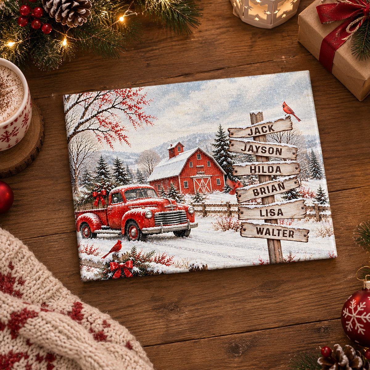 Personalized Vintage Red Truck Family Names Canvas Poster, Custom Winter Barn Snow Scene Wall Art