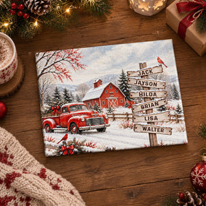 Personalized Vintage Red Truck Family Names Canvas Poster, Custom Winter Barn Snow Scene Wall Art