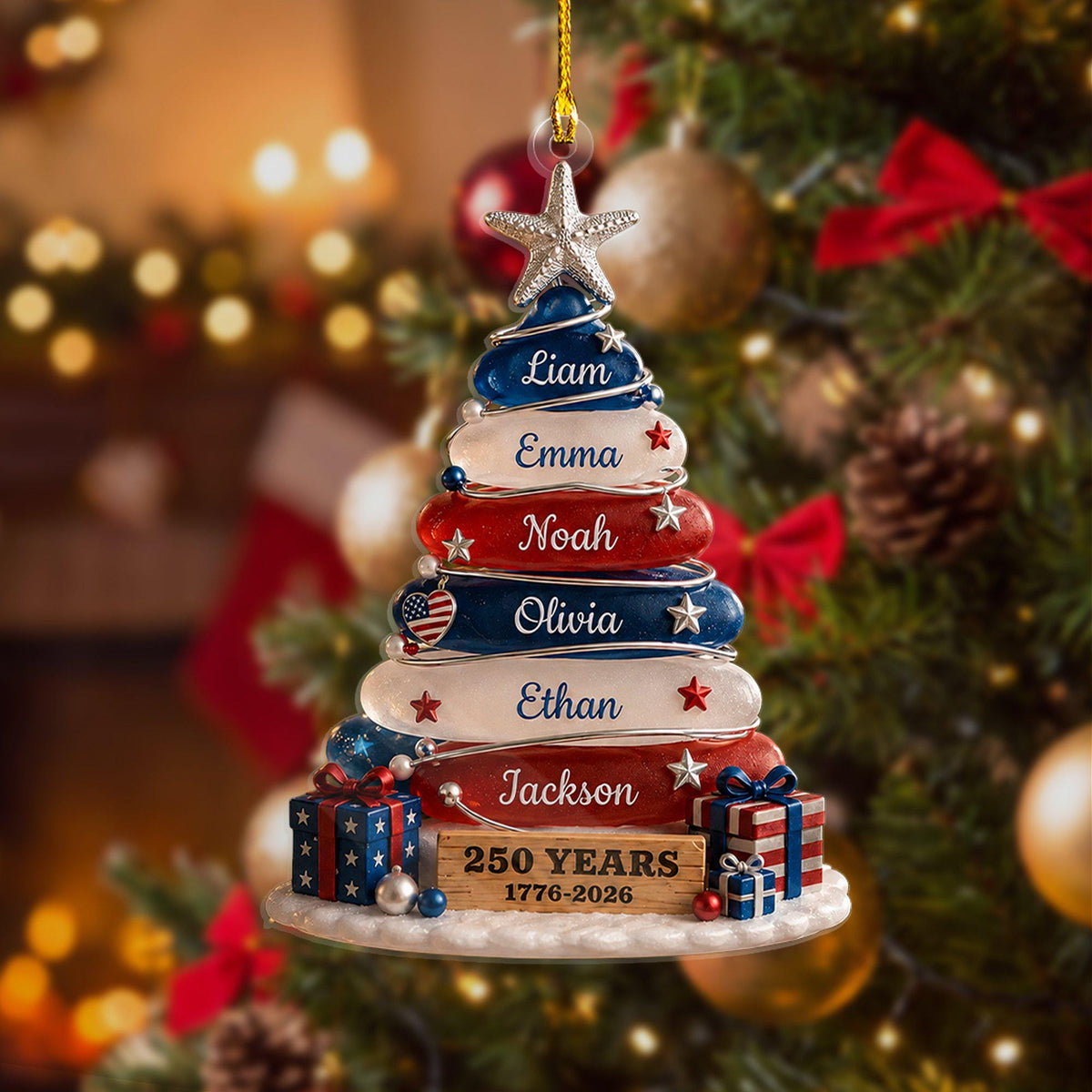 Blue, White & Red Stone Christmas Tree Ornament - Family Personalized Gift For USA 250th Anniversary