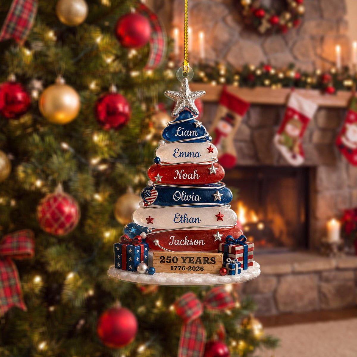 Blue, White & Red Stone Christmas Tree Ornament - Family Personalized Gift For USA 250th Anniversary