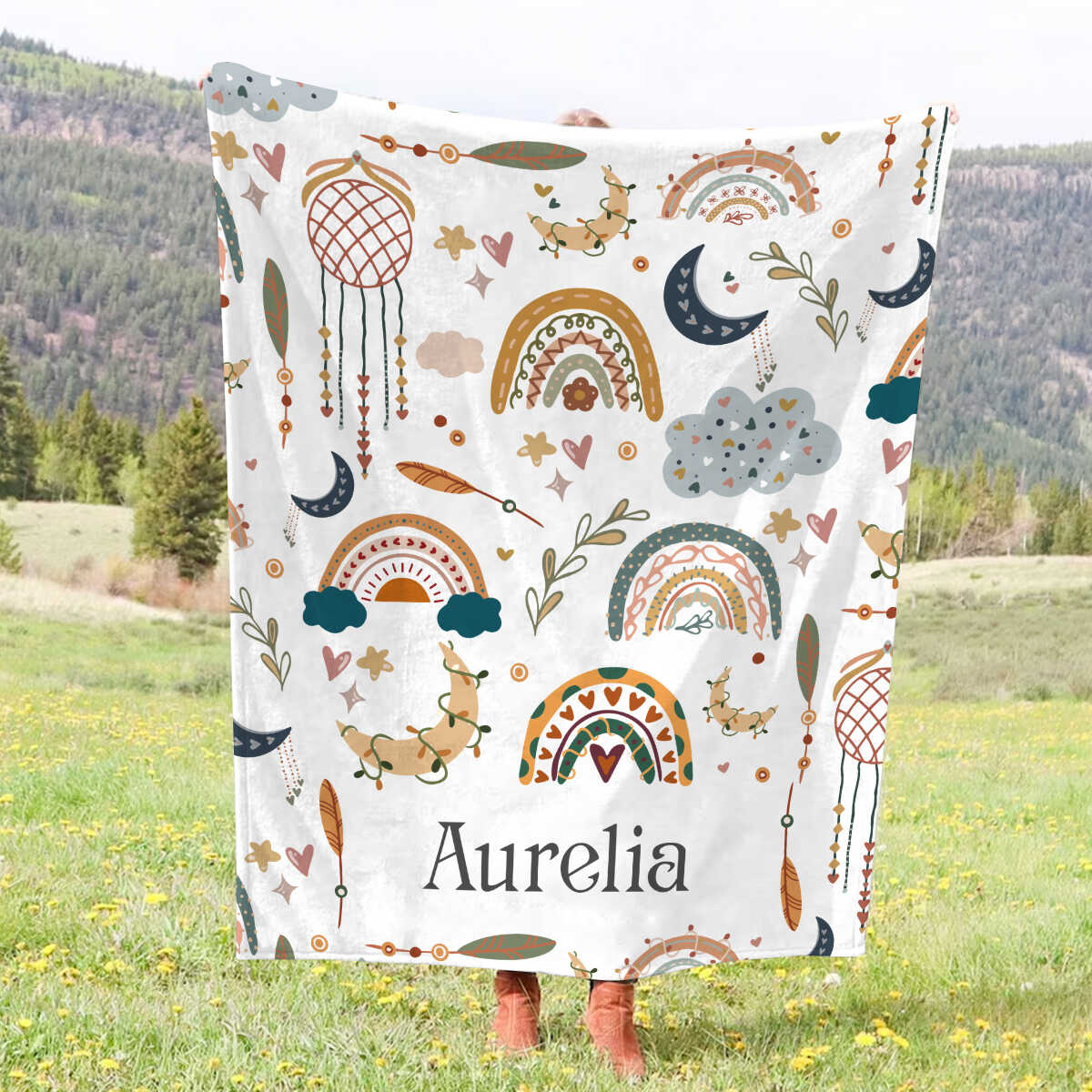 Personalized Toddler Blanket – Custom Name Boho Rainbow Baby Blanket, Unique Baby Shower Gift for Newborn & Kids