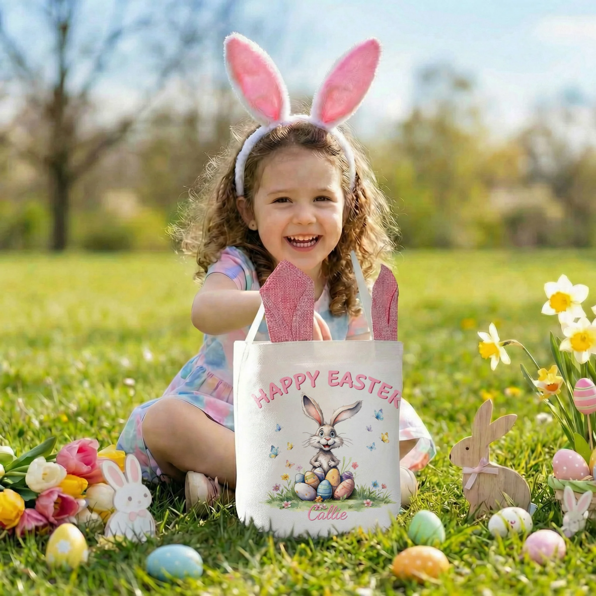Personalized Cute Bunny Easter Basket with Name Party Decoration Easter Gift for Boys Girls