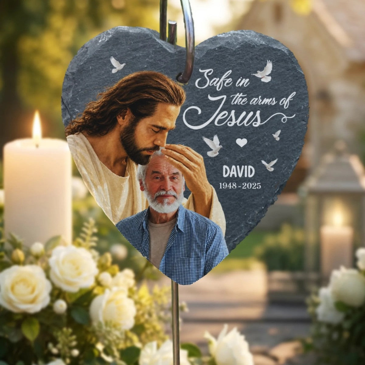 Safe In The Arms Of Jesus - Upload Image Personalized Memorial Garden Slate & Hook