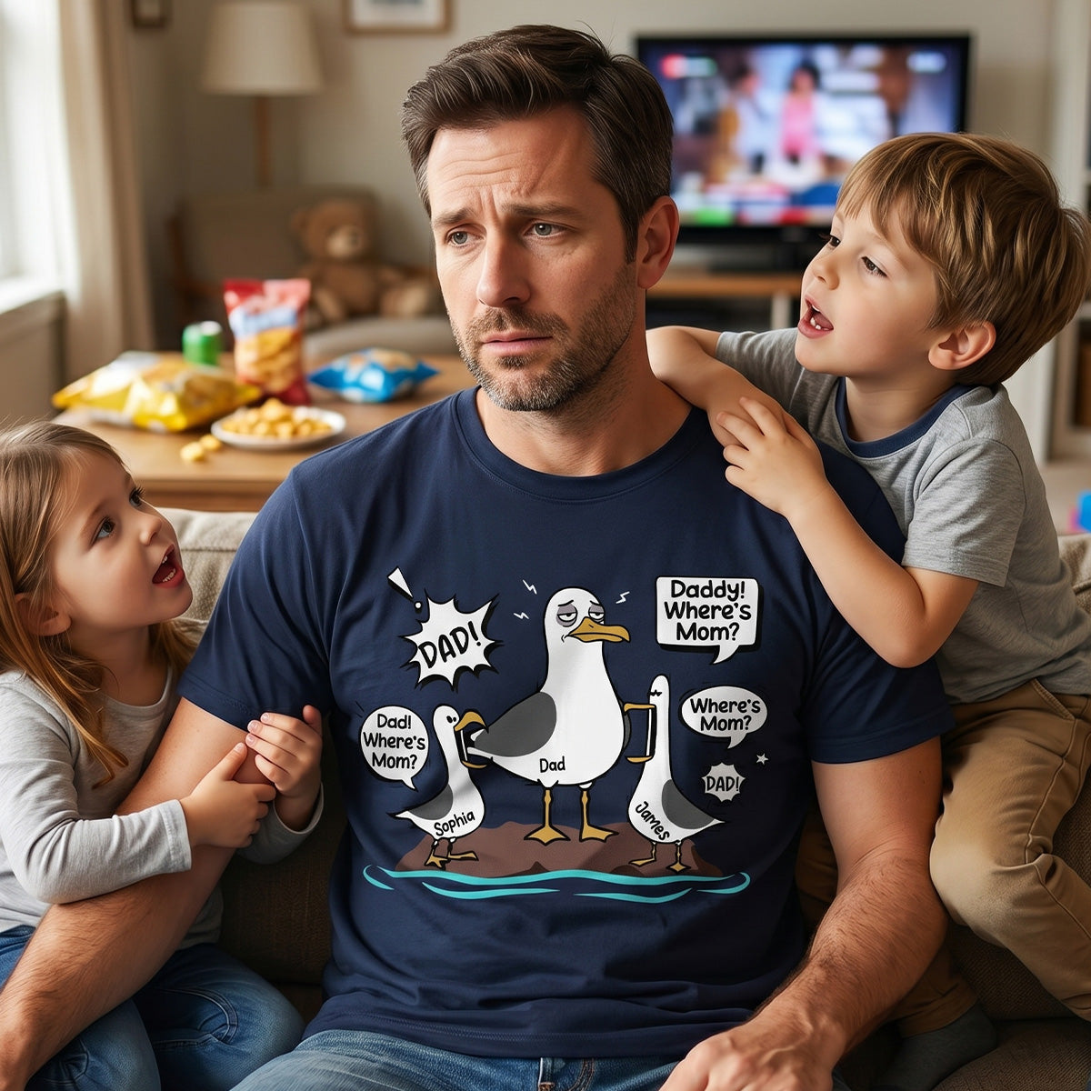 Funny Tired Seagull & Kids Custom Name - Personalized Shirt